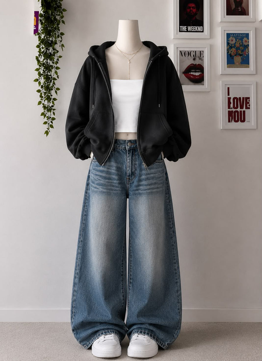 Black Zipper +Inner with Mid blue Vintage Wide Leg Jeans
