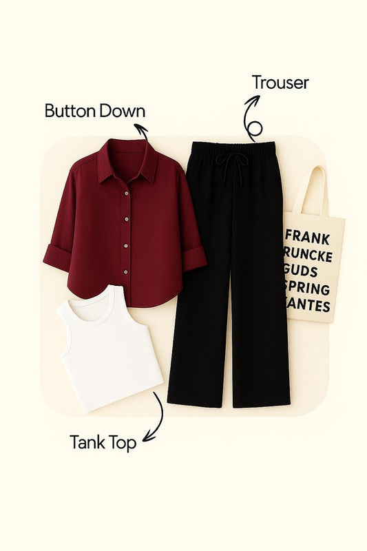 MAROON BUTTON SHIRT WITH BLACK FLAPPER AND WHITE TANK TOP