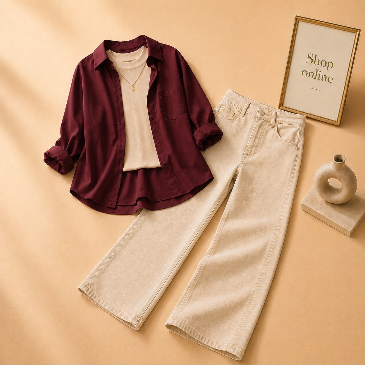 MAROON BUTTON DOWN SHIRT WITH BEIGE TANKTOP AND BEIGE WIDE LEG JEANS