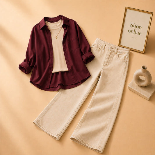 MAROON BUTTON DOWN SHIRT WITH BEIGE TANKTOP AND BEIGE WIDE LEG JEANS