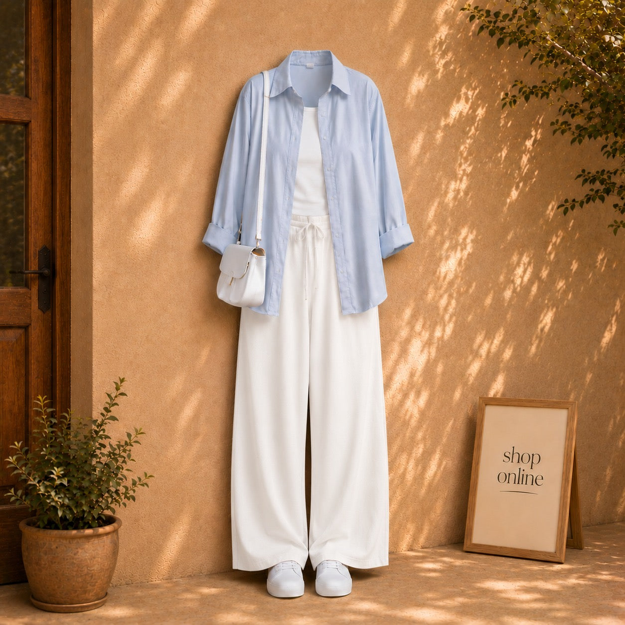 SKY BLUE BUTTON DOWN SHIRT WITH WHITE TANKTOP AND WHITE FLAPPER