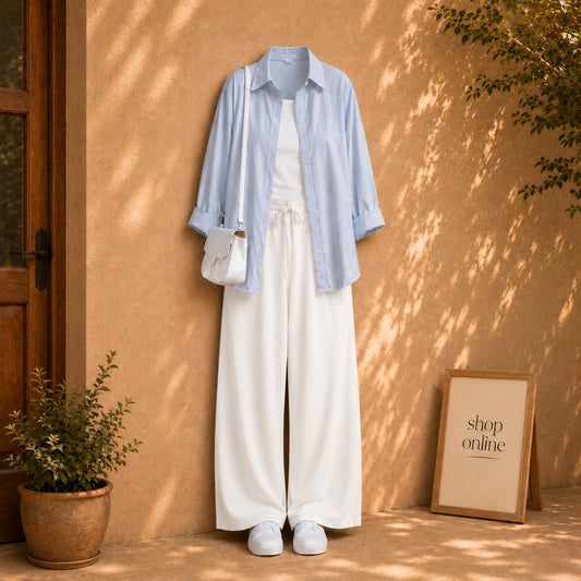 SKY BLUE BUTTON DOWN SHIRT WITH WHITE TANKTOP AND WHITE FLAPPER