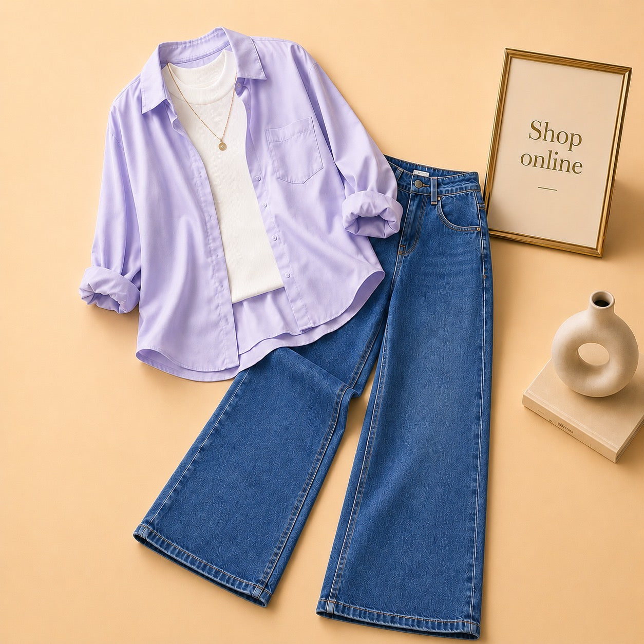 LILAC BUTTON DOWN SHIRT WITH WHITE TANKTOP AND DARK BLUE WIDE LEG JEANS