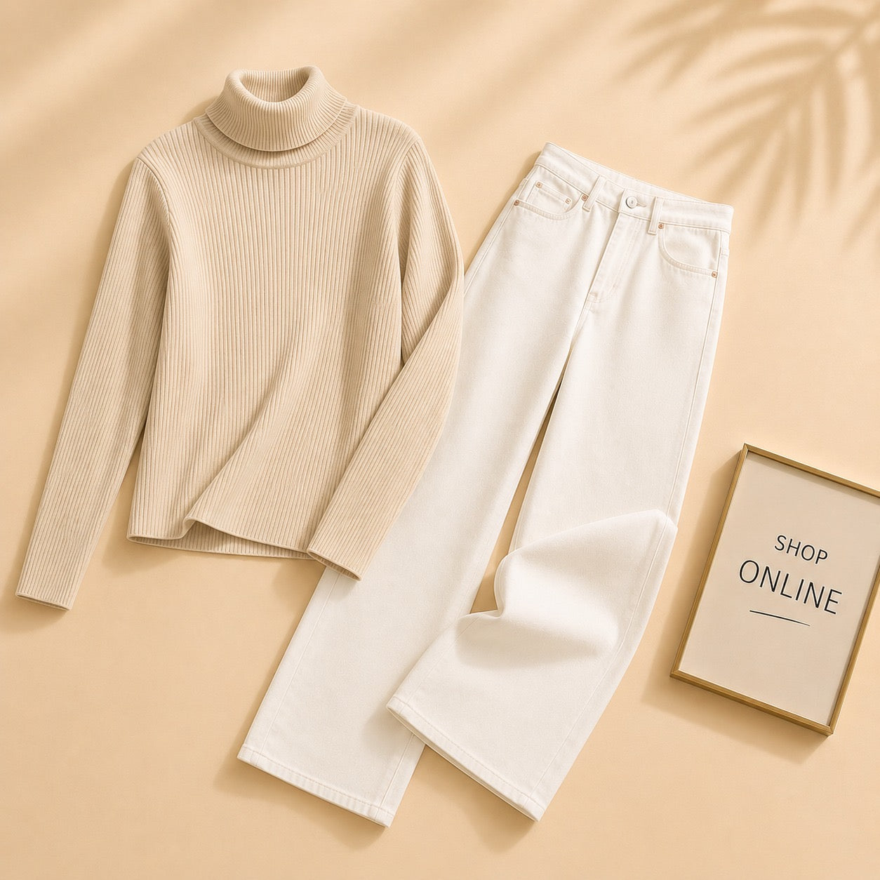 BEIGE HIGHNECK WITH WHITE WIDE LEG JEANS