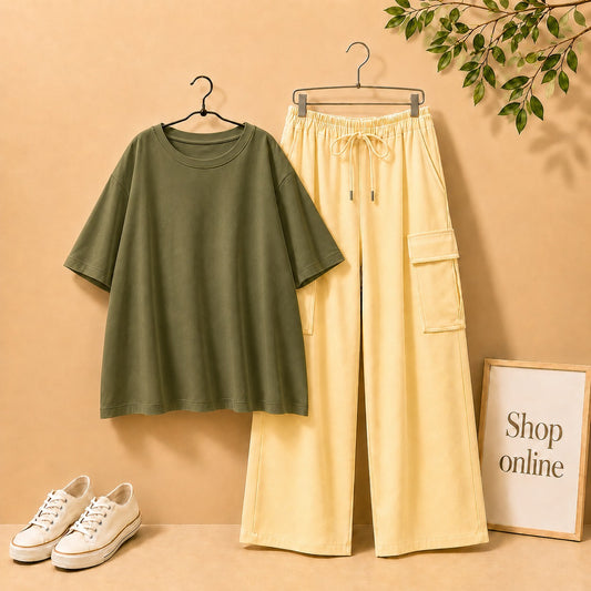 OLIVE GREEN DROP SHOULDER TSHIRT WITH BEIGE CARGO TROUSER