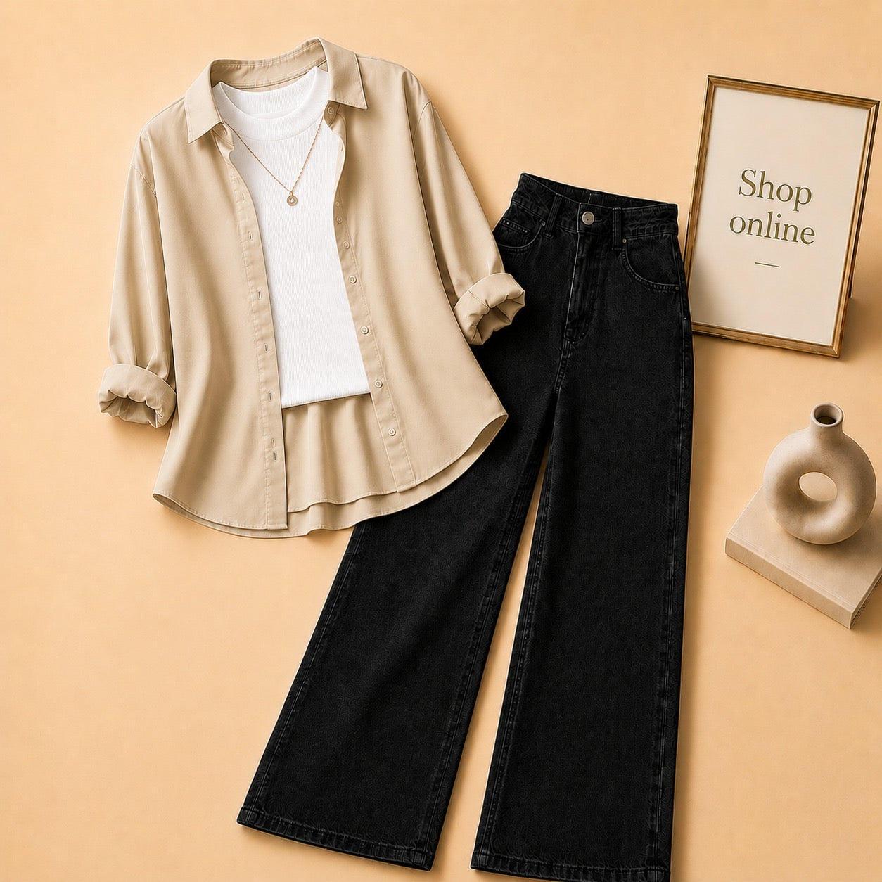 BEIGE BUTTON DOWN SHIRT WITH WHITE TANKTOP AND BLACK WIDE LEG JEANS