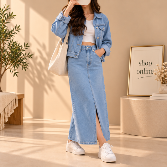 Sky Blue Denim Jacket with Sky Blue denim skirt