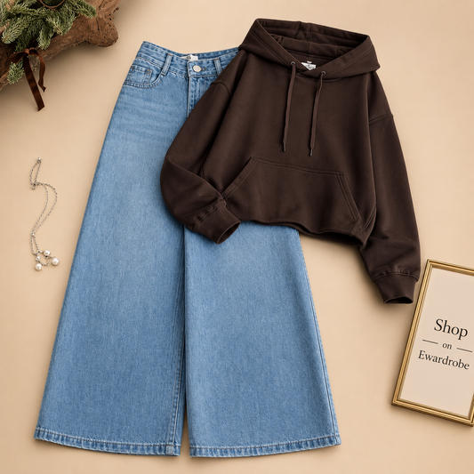 BROWN CROP HOODIE WITH SKY BLUE WIDE LEG JEANS