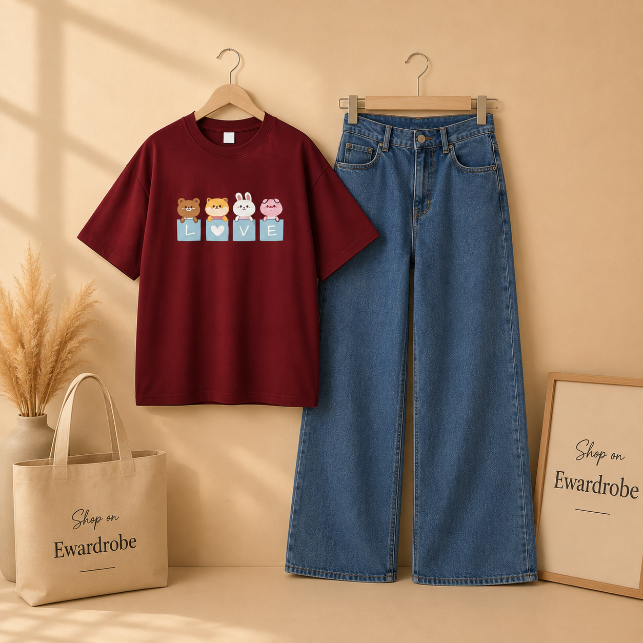 MAROON TSHIRT LOVE CARTOONS WITH MID BLUE WIDE LEG JEANS