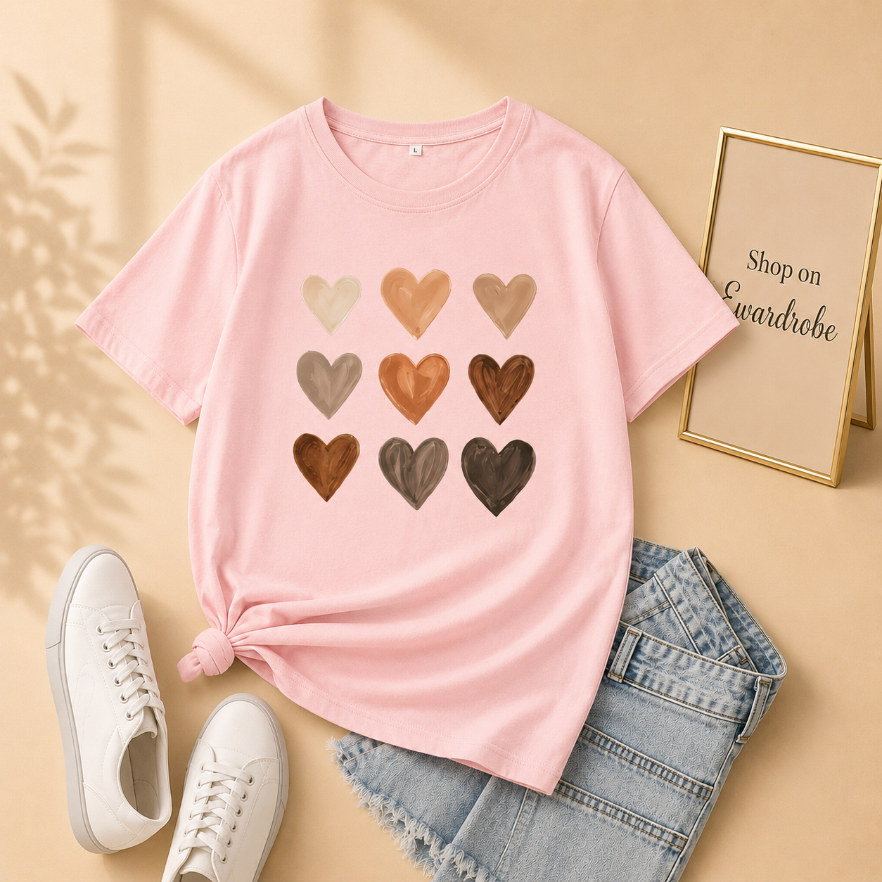 LIGHT PINK TSHIRT BROWN HEARTS