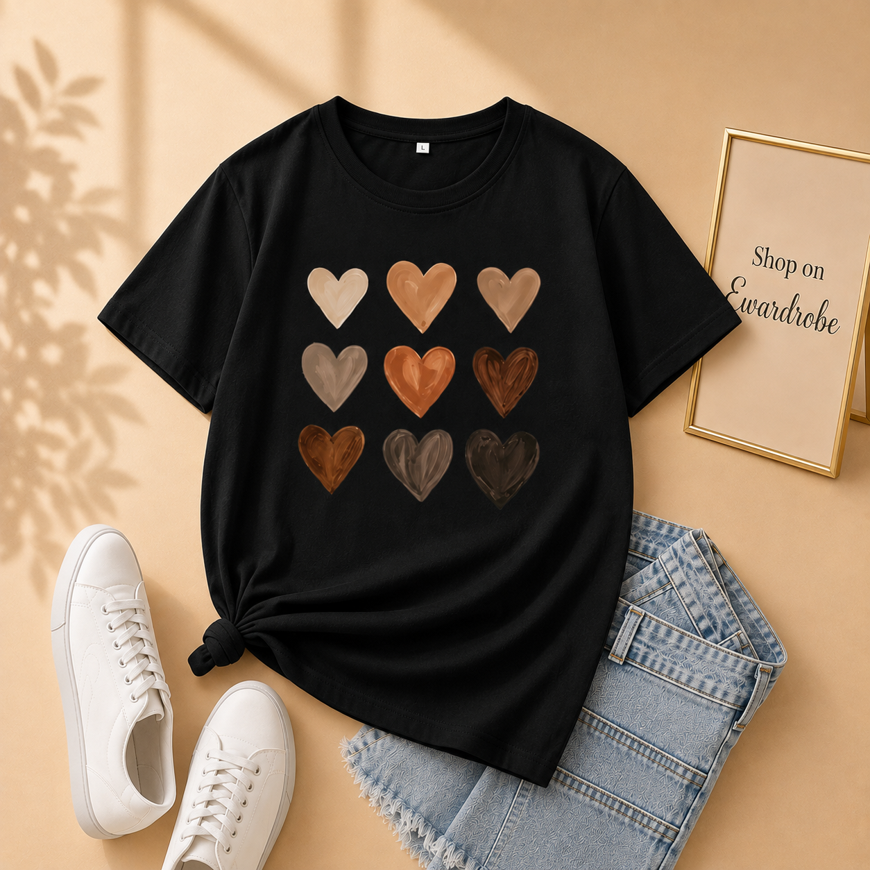 Black Tshirt Brown Hearts