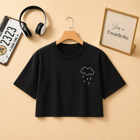 Black Crop Tshirt unfilled Raining cloud on pocket