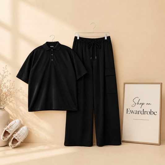 BLACK TSHIRT WITH BLACK CARGO TROUSER