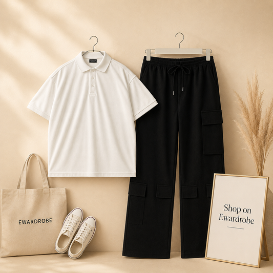 WHITE POLO WITH BLACK CARGO TROUSER