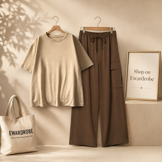 BEIGE TSHIRT WITH BROWN CARGO TROUSER