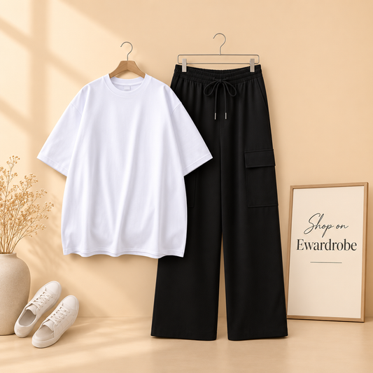 WHITE TSHIRT WITH BLACK CARGO TROUSER