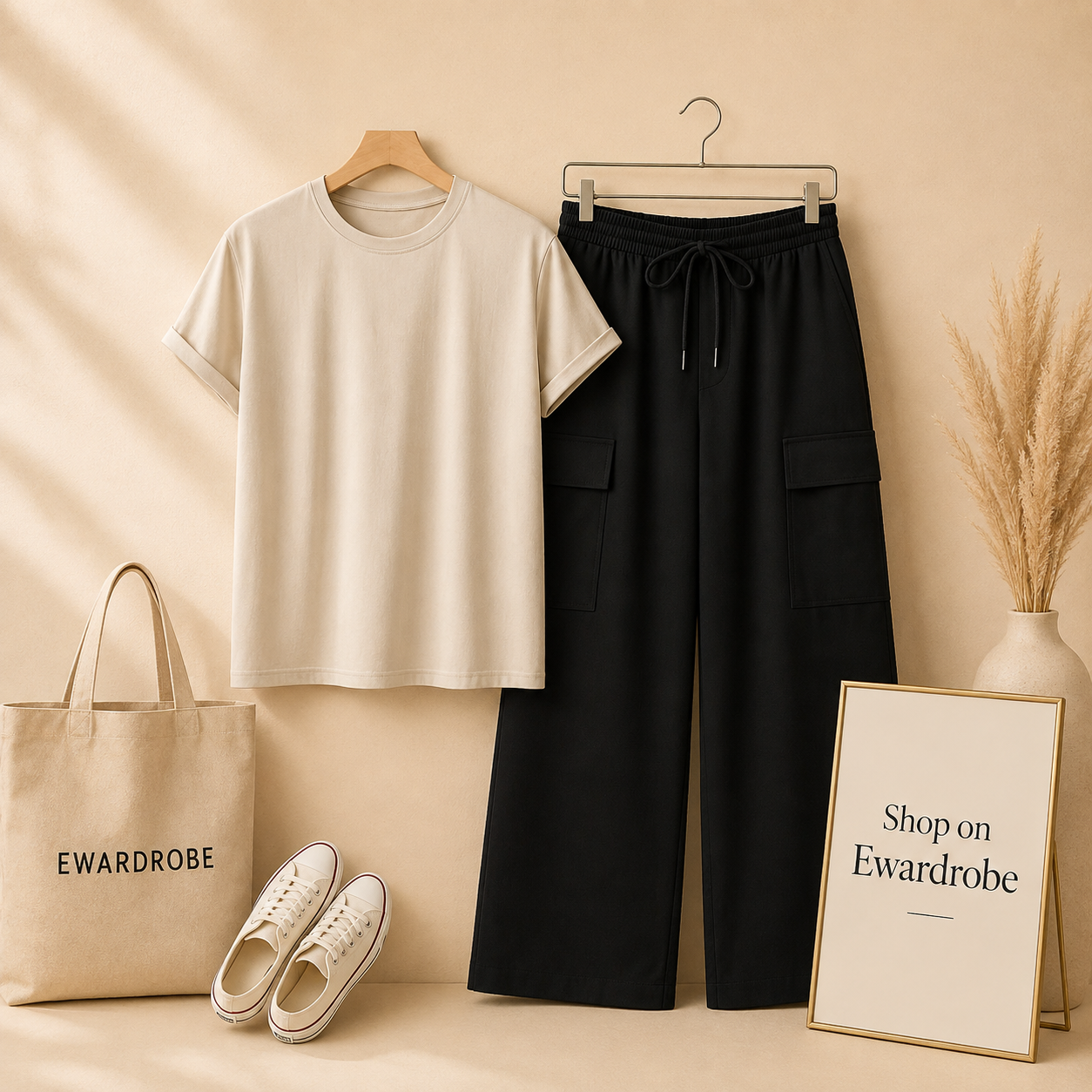 BEIGE TSHIRT WITH BLACK CARGO TROUSER