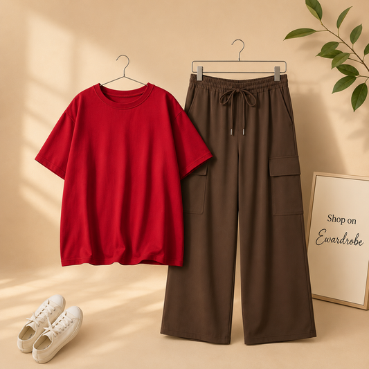 RED TSHIRT WITH BROWN CARGO TROUSER