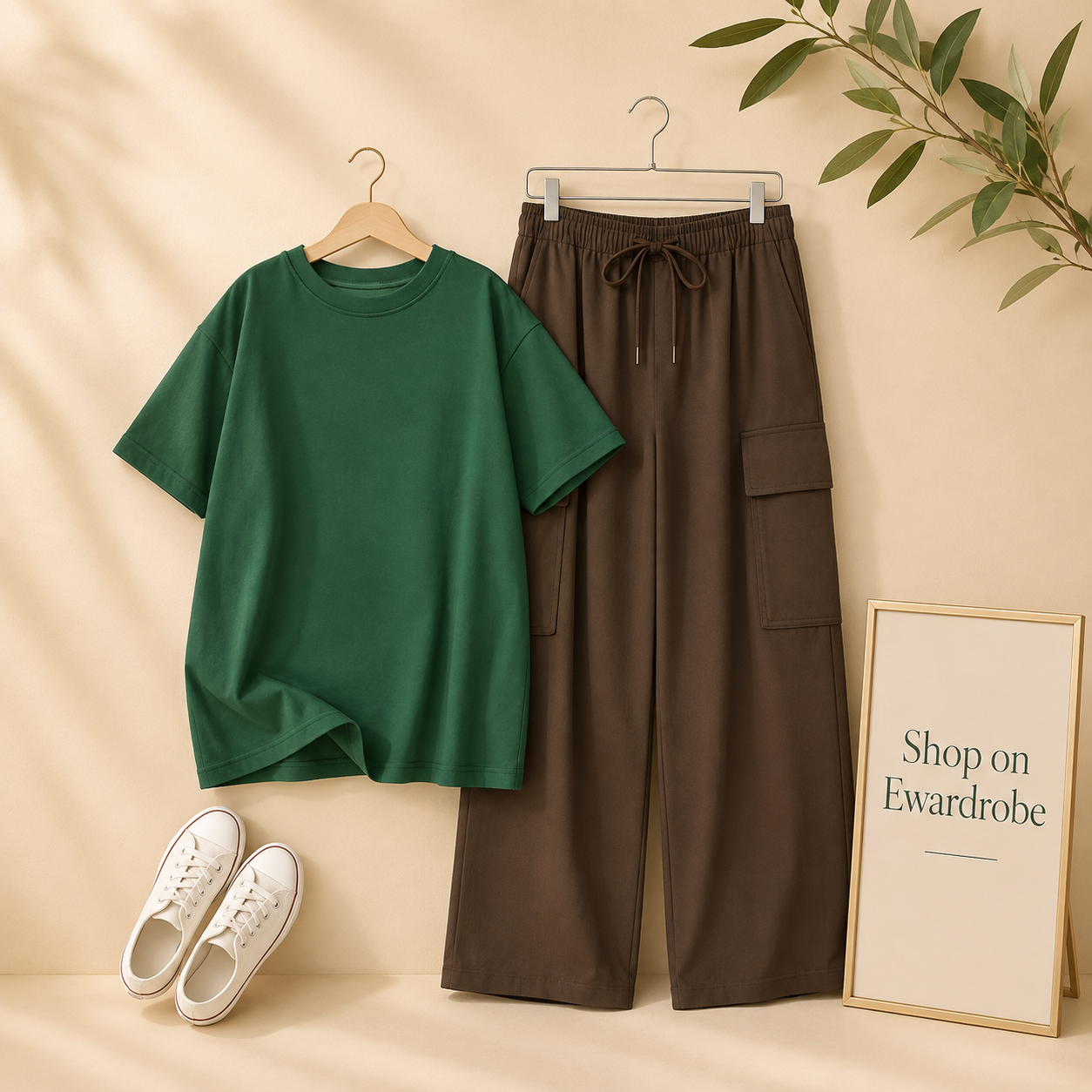 BOTTLE GREEN TSHIRT WITH BROWN CARGO TROUSER