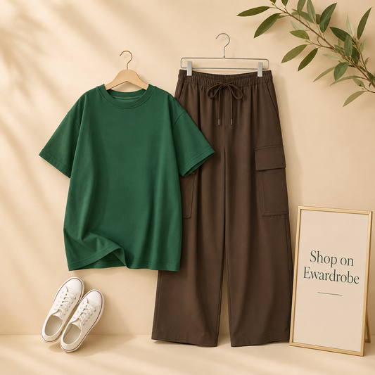 BOTTLE GREEN TSHIRT WITH BROWN CARGO TROUSER