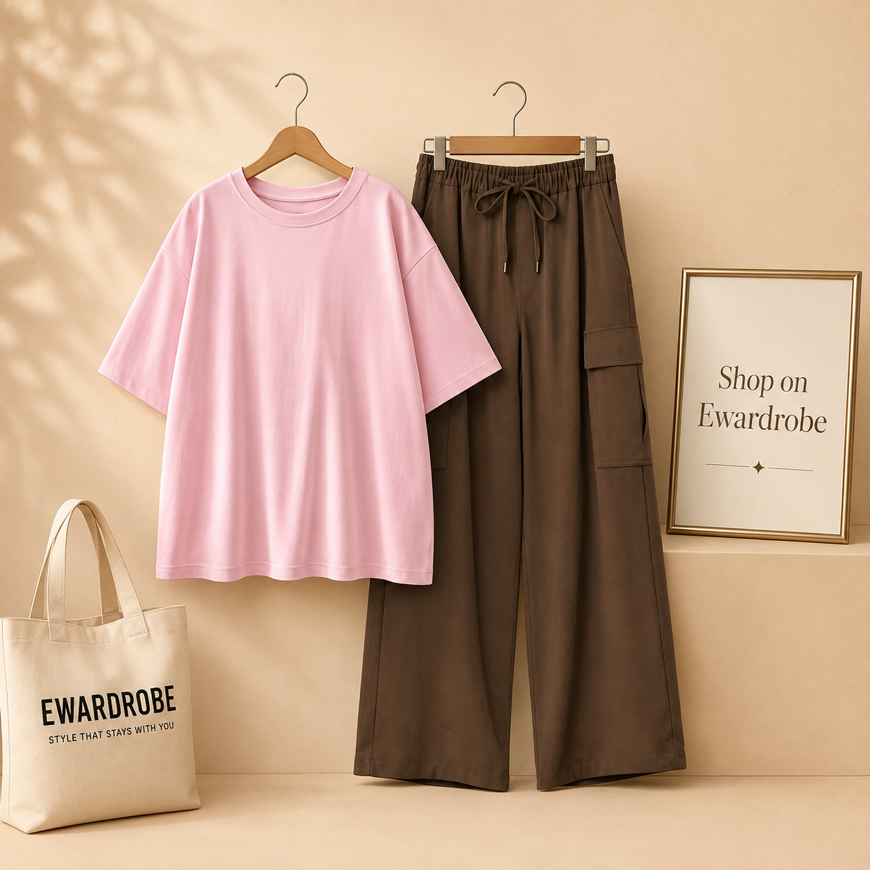 PINK TSHIRT WITH BROWN CARGO TROUSER