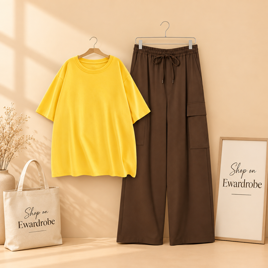 YELLOW TSHIRT WITH BROWN CARGO TROUSER