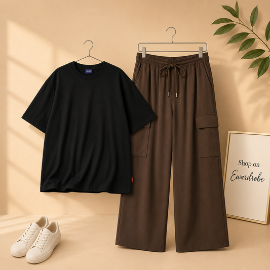 BLACK TSHIRT WITH BROWN CARGO TROUSER