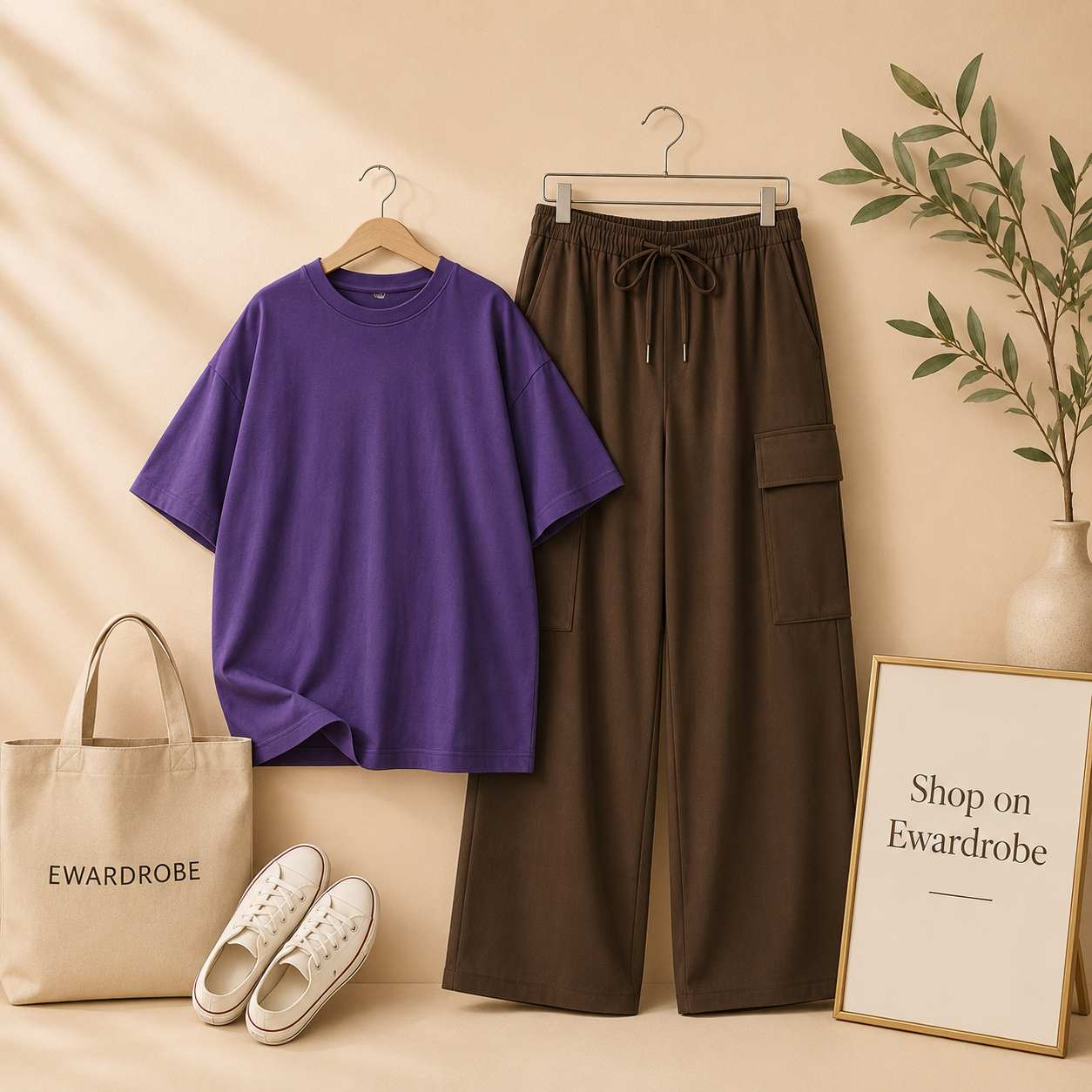 PURPLE TSHIRT WITH BROWN CARGO TROUSER