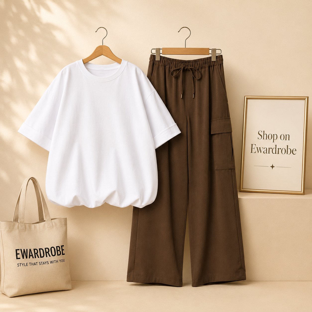 WHITE TSHIRT WITH BROWN CARGO TROUSER