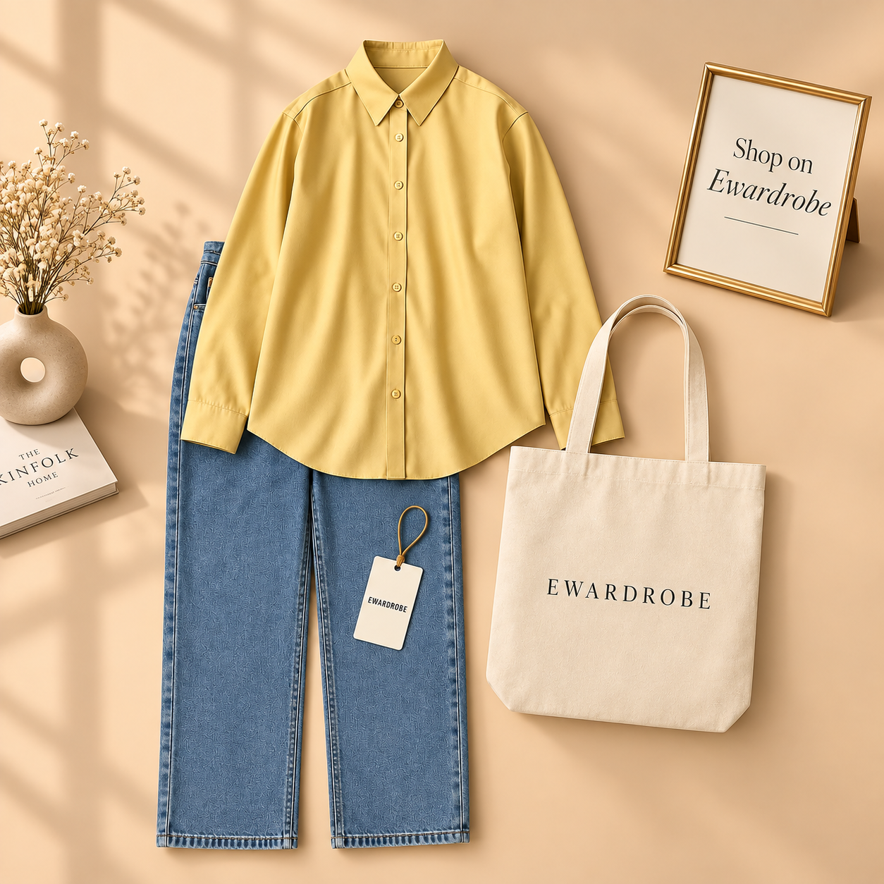 Yellow Button Down Shirt With Sky Blue Wide Leg Jeans