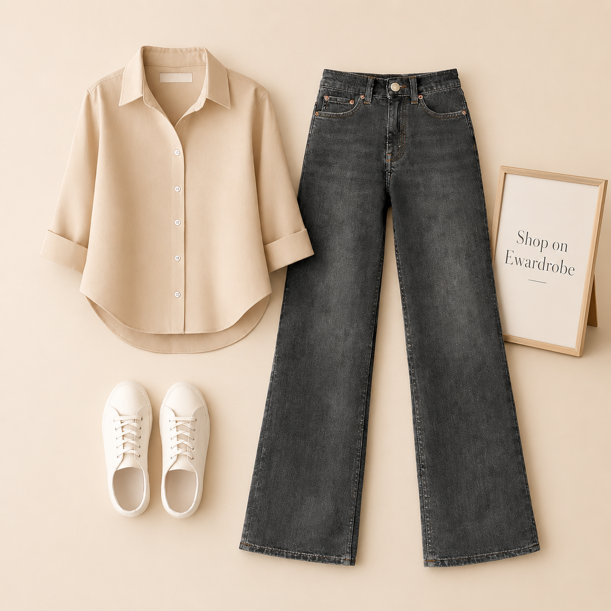 BEIGE BUTTON SHIRT WITH BLACK MALAYSIAN WIDE LEG JEANS