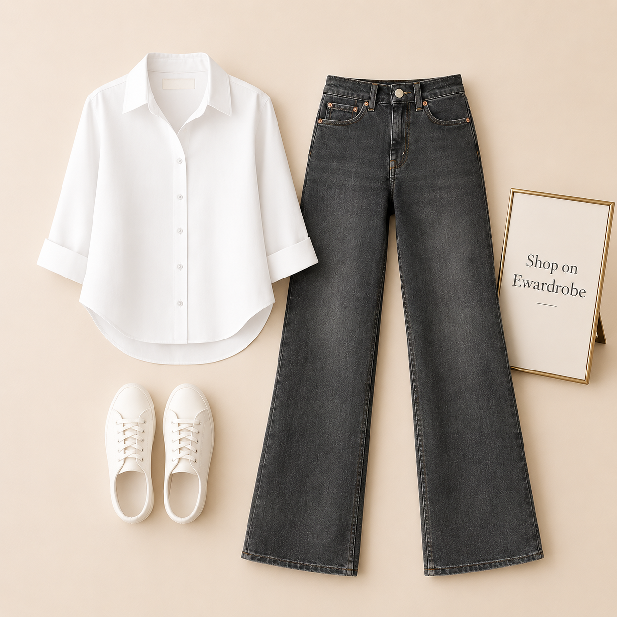 WHITE BUTTON SHIRT WITH BLACK MALAYSIAN WIDE LEG JEANS