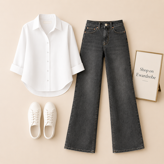 WHITE BUTTON SHIRT WITH BLACK MALAYSIAN WIDE LEG JEANS