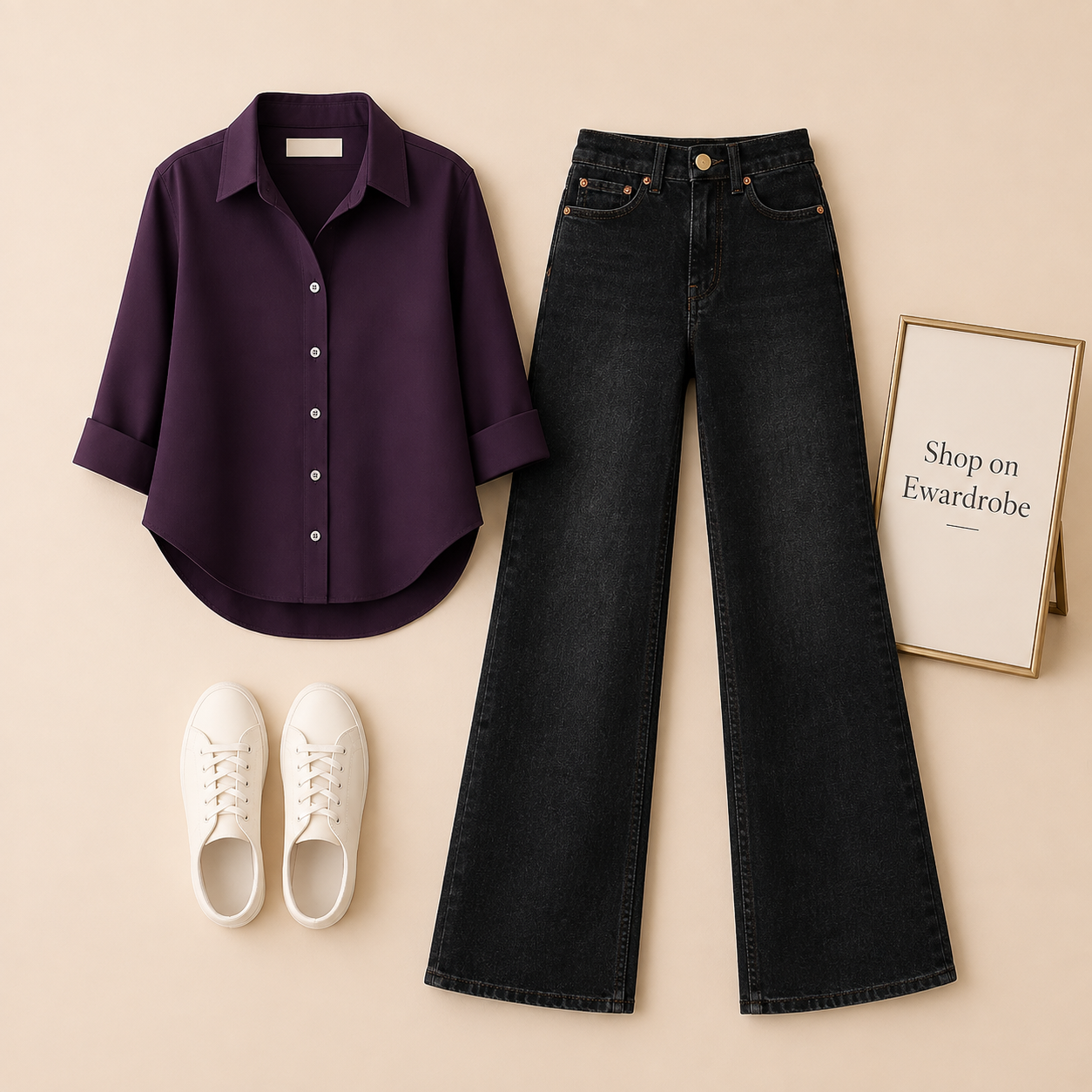PURPLE BUTTON SHIRT WITH BLACK WIDE LEG JEANS