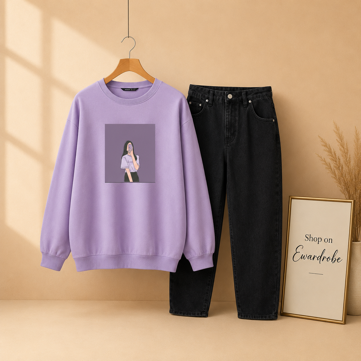 LILAC SWEATSHIRT PURPLE BACKGROUND GIRL WITH BLACK MOM JEANS