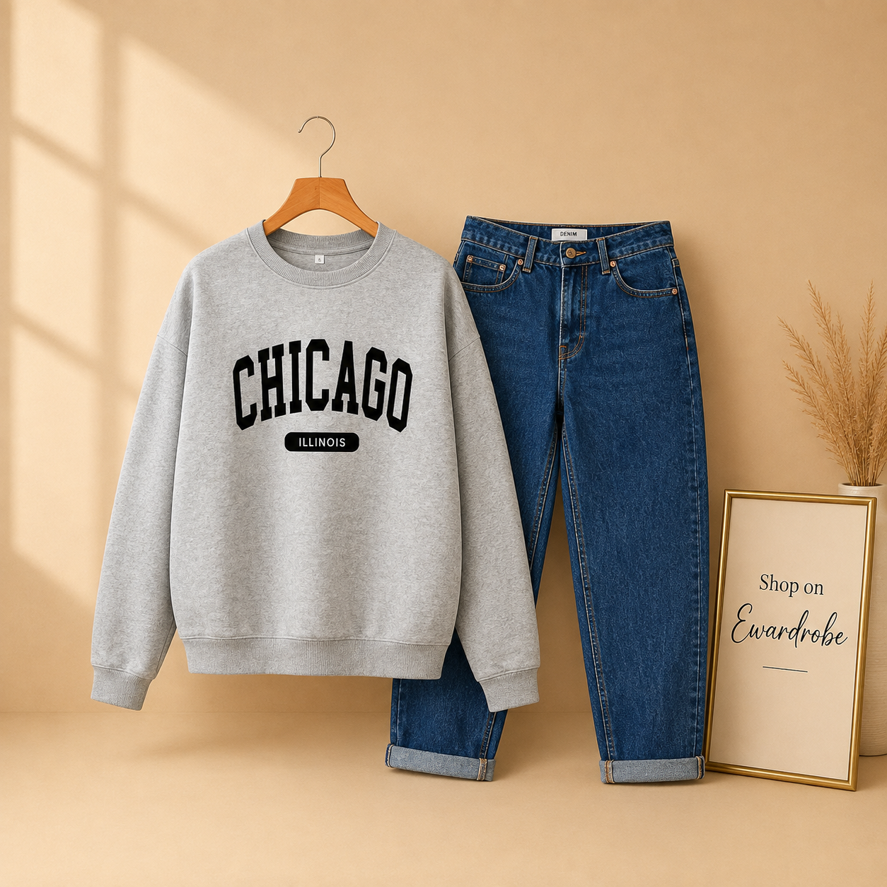 GREY CHICAGO SWEATSHIRT WITH MID BLUE MOM JEANS