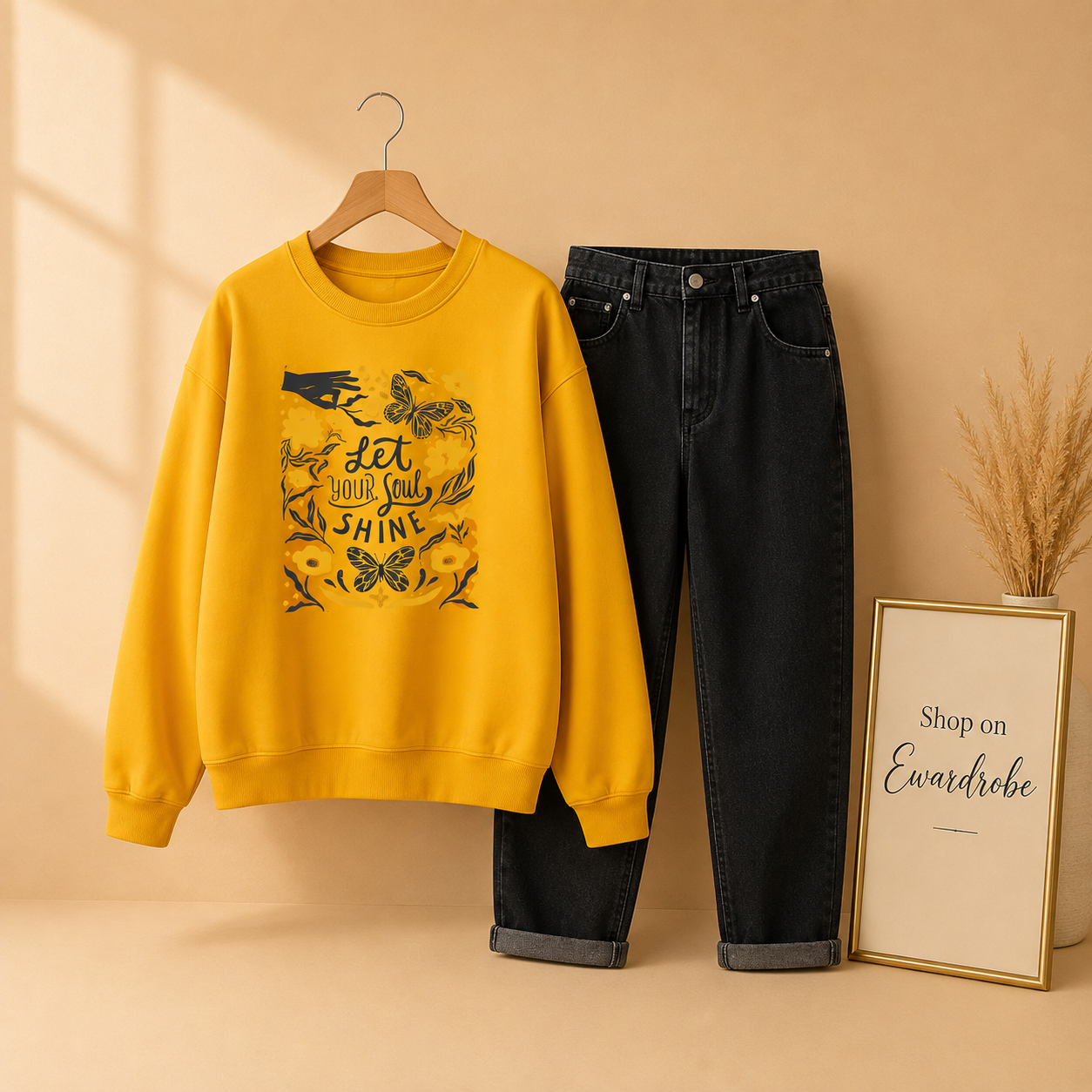 YELLOW LET YOUR SOUL SWEATSHIRT WITH BLACK MOM JEANS