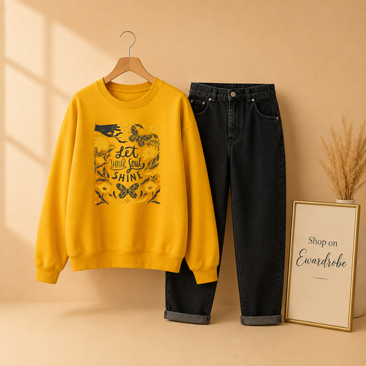 YELLOW LET YOUR SOUL SWEATSHIRT WITH BLACK MOM JEANS
