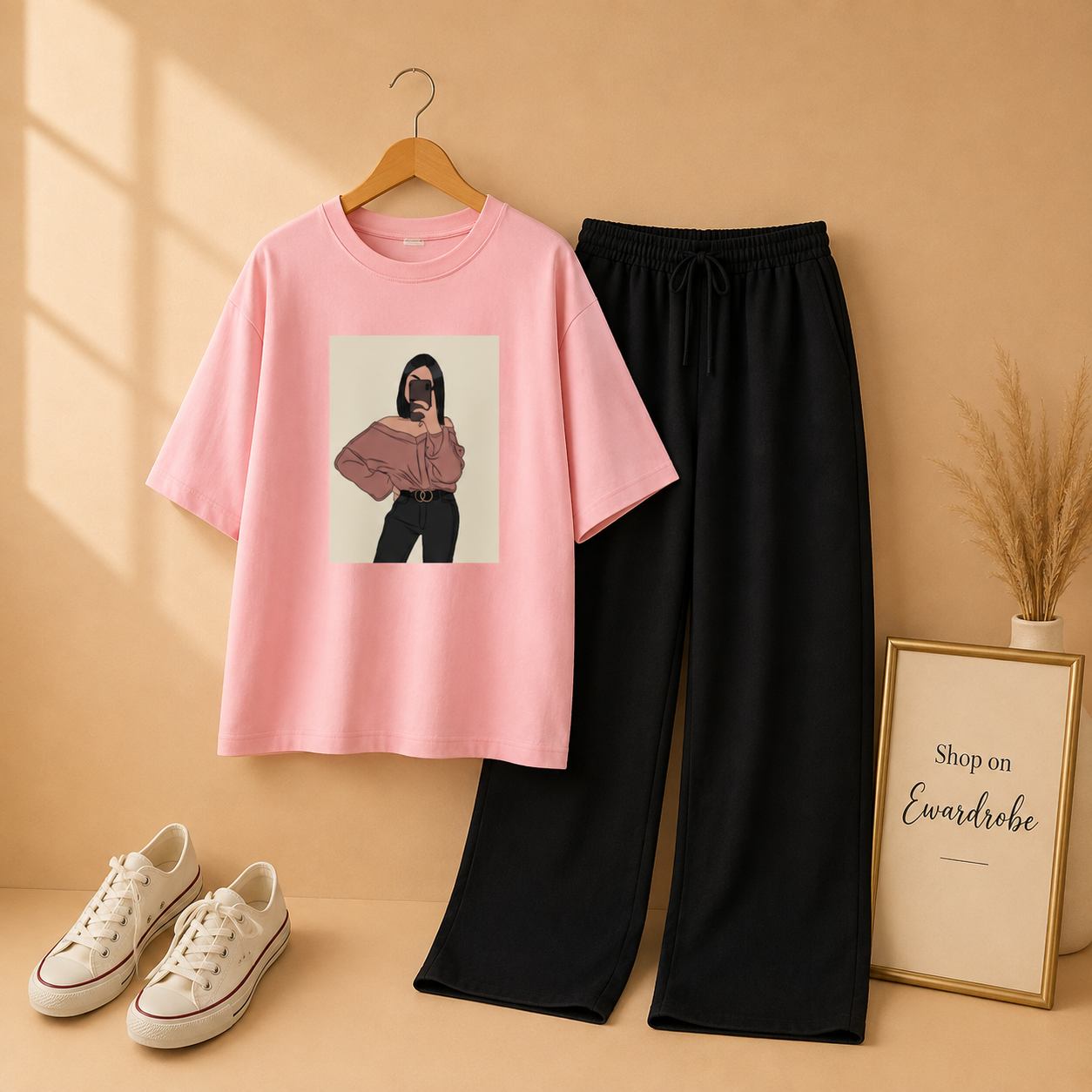 PINK TSHIRT OFF SHOULDER GIRL WITH BLACK FLAPPER