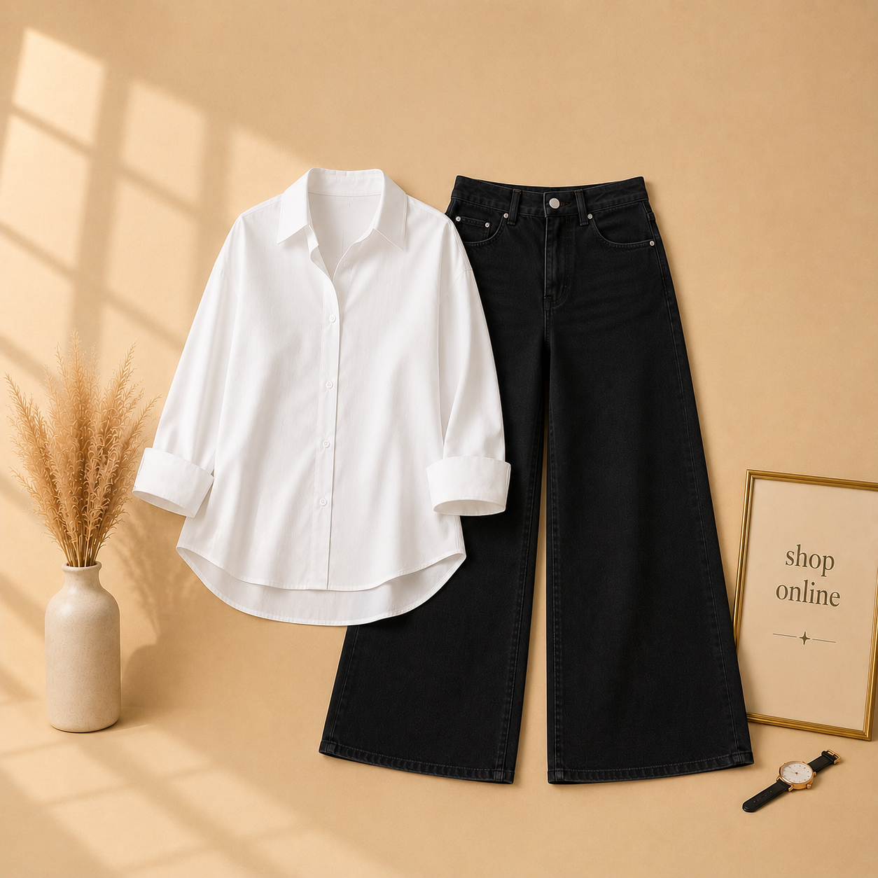 WHITE BUTTON SHIRT WITH BLACK WIDE LEG JEANS