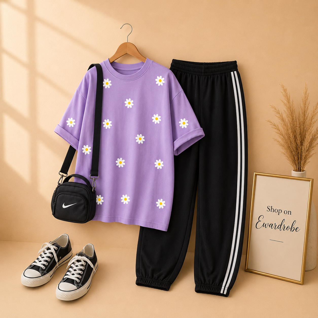 DAISY ALL OVER TSHIRT LILAC WITH 3 STRIPES TROUSER