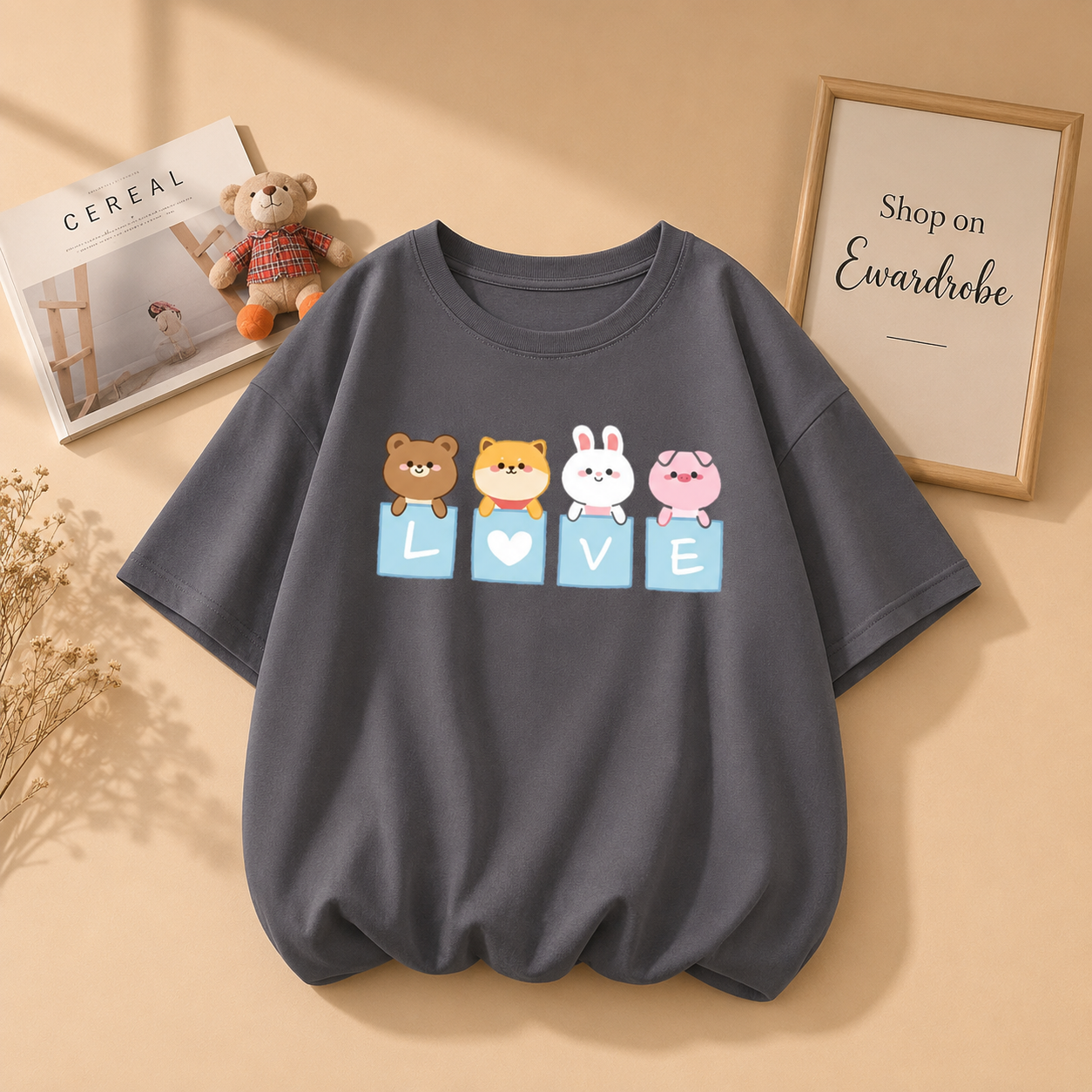 STEEL GREY TEE WITH LOVE CARTOON