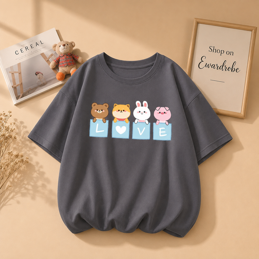 STEEL GREY TEE WITH LOVE CARTOON