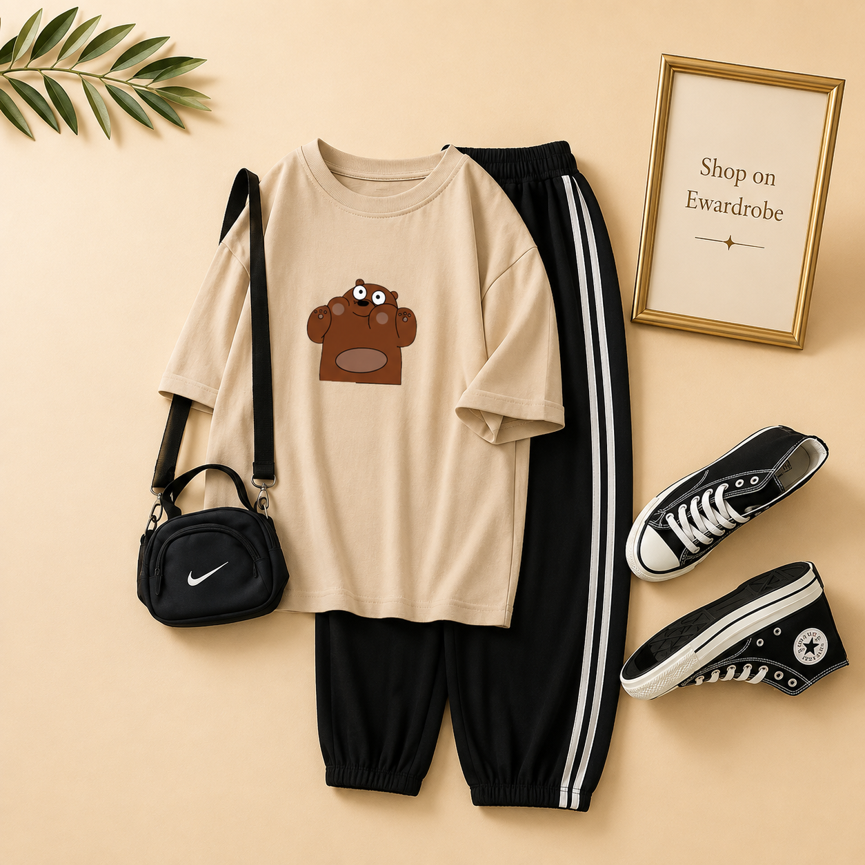 CREAM TEE BROWN BEAR WITH 3 STRIPE TROUSER