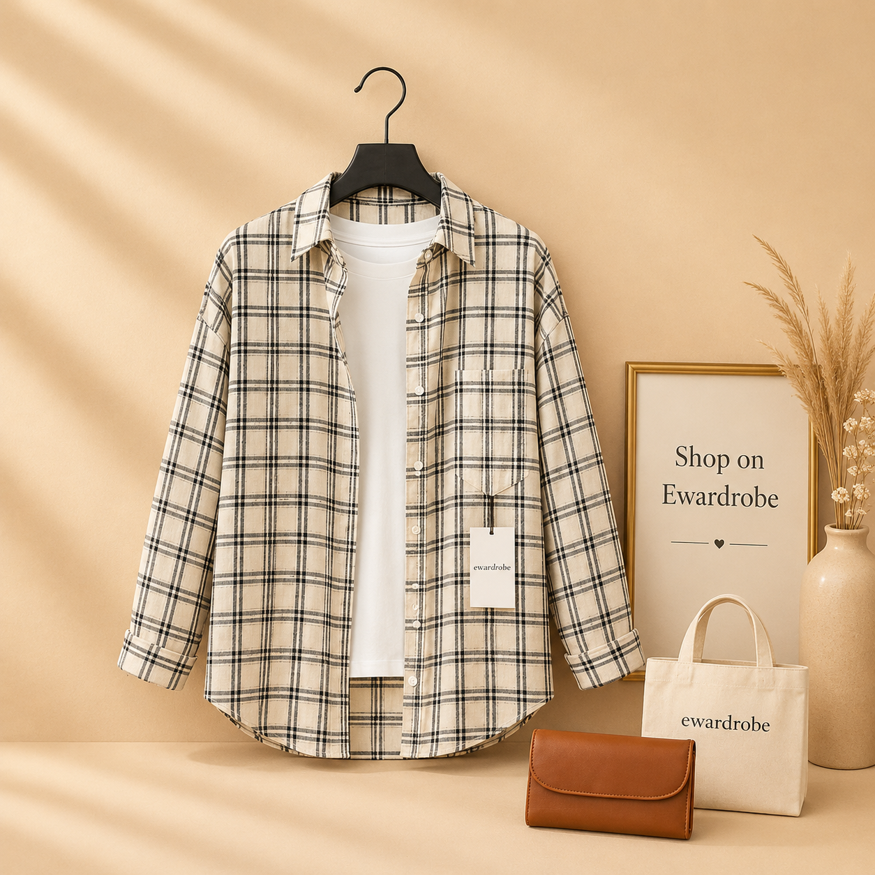 BEIGE SIMPLE CHECK SHIRT