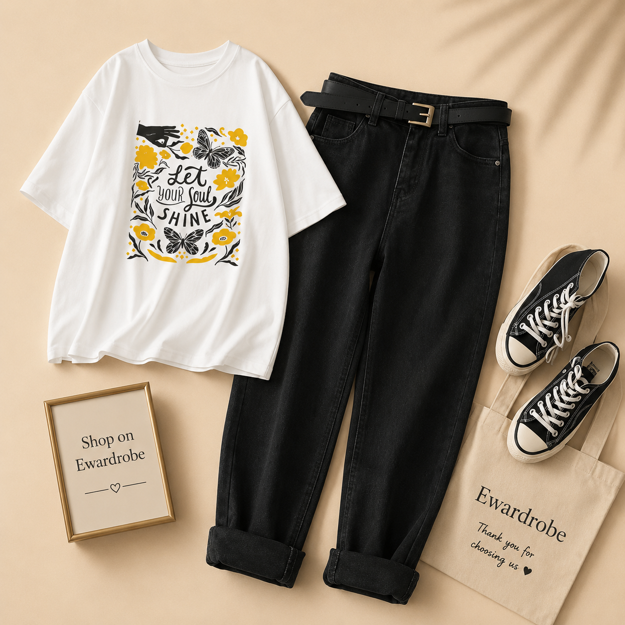WHITE TSHIRT LET YOUR SOUL SHINE WITH BLACK MOM JEANS