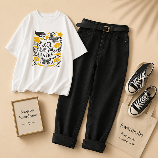 WHITE TSHIRT LET YOUR SOUL SHINE WITH BLACK MOM JEANS