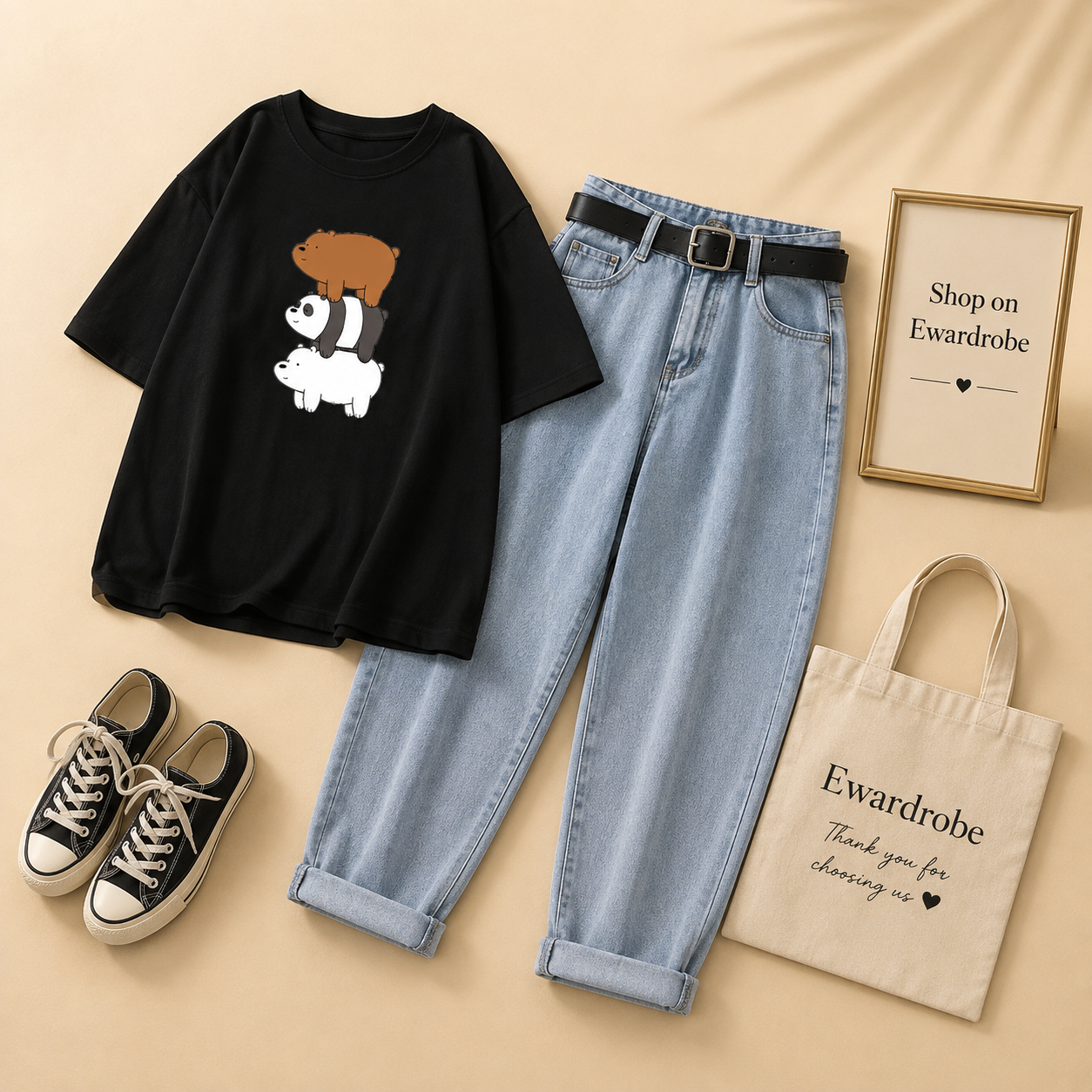 BLACK BEAR ON BEAR TSHIRT WITH ICE BLUE MOM JEANS
