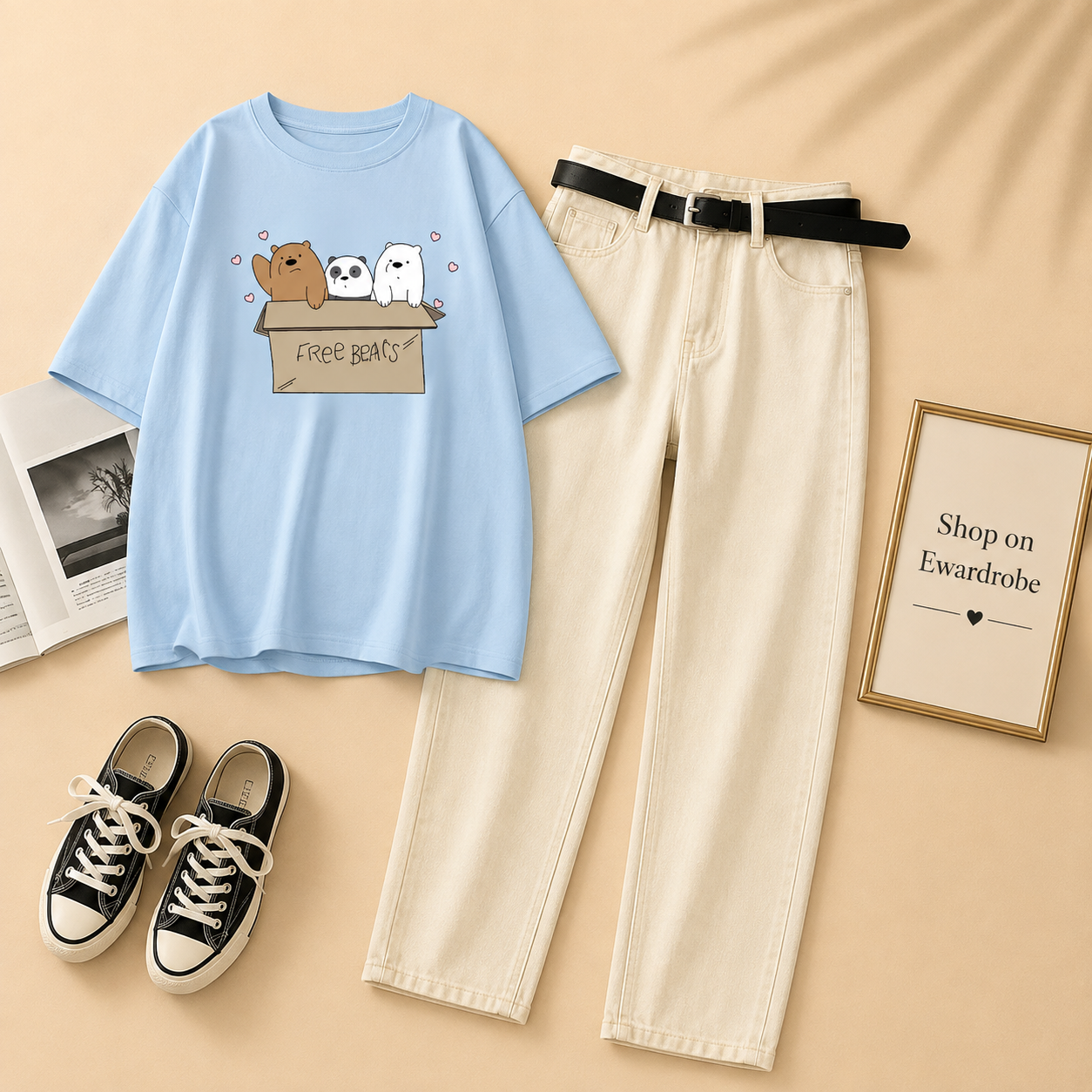 SKY BLUE TEE FREE BEARS WITH WHITE MOM JEANS