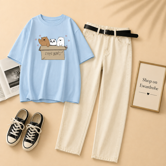 SKY BLUE TEE FREE BEARS WITH WHITE MOM JEANS